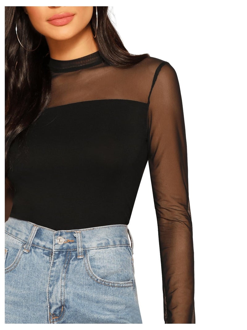 SweatyRocks Women's Elegant Long Sleeve Contrast Sheer Mesh Slim Fit T Shirt Tops Black #1 L - Image 3